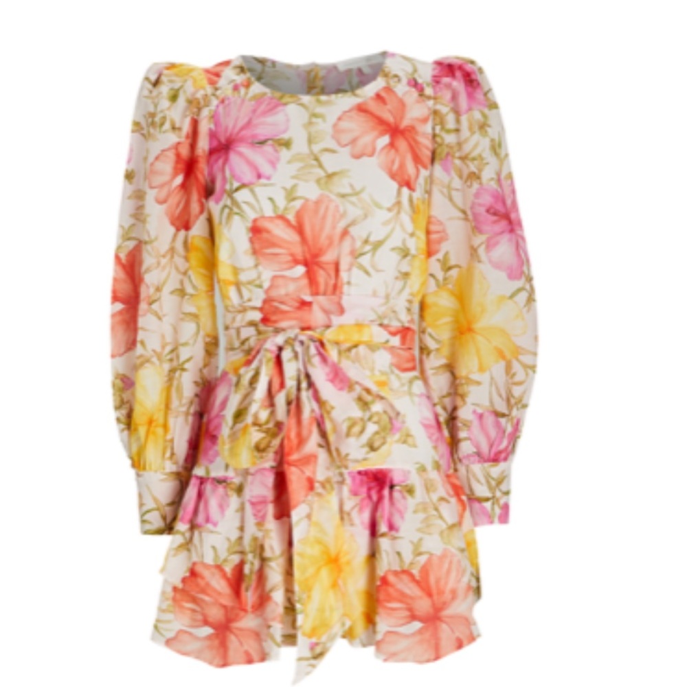 LoveShackFancy Floral Puff-Sleeve Mini Dress in Pink, Coral & Yellow